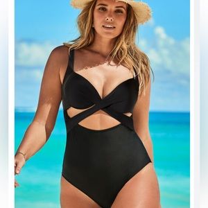 Black cutout underwire one piece bathing suit